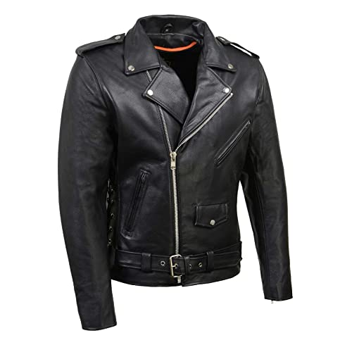 Milwaukee Leather SH1011 Black Classic Brando Motorcycle Jacket for Men Made of Cowhide Leather w/Side Lacing - Medium