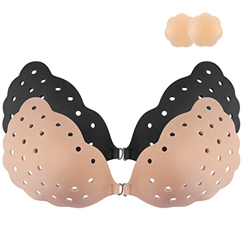 Niidor Sticky Bra, 2 Pack Breathable Strapless Bra Adhesive Push Up Backless Bras for Women（Black/Nude-C）