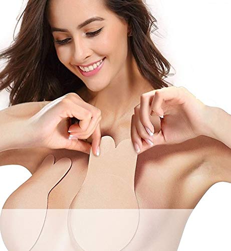 MITALOO Sticky Bra Push Up Lift Nipple Covers Adhesive Strapless Invisible Backless Bras Plunge Reusable for Women Beige