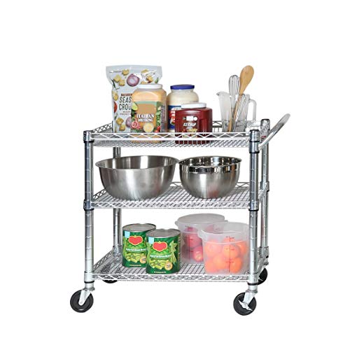 Seville Classics UltraDurable NSF Commercial Heavy Duty Metal Rolling Utility Cart, w/ Steel Shelves, Handle Bar for Restaurant, Garage, Warehouse, Kitchen, Office, Deep Top Basket (34.75'W x 18.25'D)