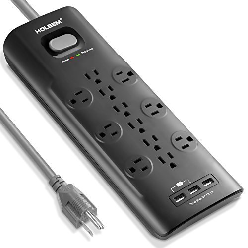 HOLSEM 12 Outlets Surge Protector Power Strip with 3 Smart USB Charging Ports (5V/3.1A) and 6' Heavy Duty Extension Cord, for Home, Office, Computers, Appliances, Equipment (4000 Joules) - Black