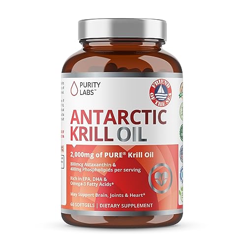 Purity Labs Antarctic Krill Oil 2000mg Omega-3 with Astaxanthin 800mcg - Vegan Supplements to Support Memory, Heart, Brain Health - Rich in Omega 3, Fatty Acids, DHA, EPA & Phospholipids - 60 Softgels
