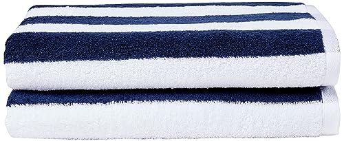 Amazon Basics Cabana Stripe Beach Towel, 2-Pack, Navy Blue, 59.84' L x 29.92' W