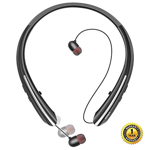 Bluetooth Headphones, Doltech Wireless Neckband Headset with Retractable Earbuds, Sports Noise Cancelling Stereo Earphones with Mic (12 Hrs Playtime,Call Vibrate Alert)