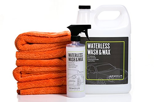 Armour Car Care Dry Shine Waterless Car Wash & Wax 6 Piece Bundle | 4 Ultra Plush Microfiber Towels | 1 (16 oz) wash spray bottle and 1 (1 gal) refill of Waterless Carwash & Wax