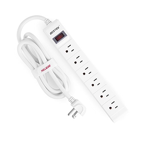 BESTEK 6-Outlet 6 Feet Extension Cord Power Strip 15A 1875W Surge Protector Desktop Charging Station, 200Joules, Right Angle Flat Plug, Ultra-Compact Wide Spaced Multi Outlets Plugs Sockets, White