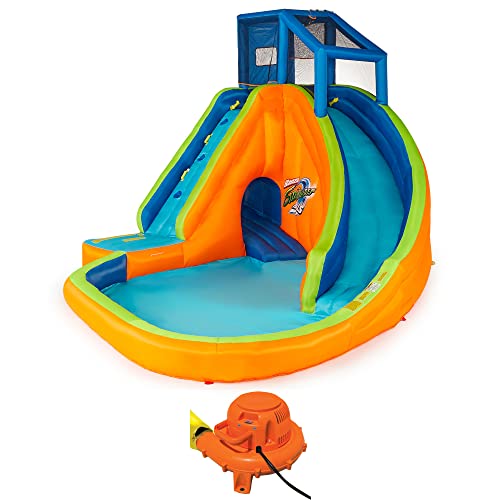 Banzai Sidewinder Falls Inflatable Outdoor Water Park Swimming Splash Pool, Sides, and Adventure Tunnel with Air Blower, Stakes, and Storage Bag