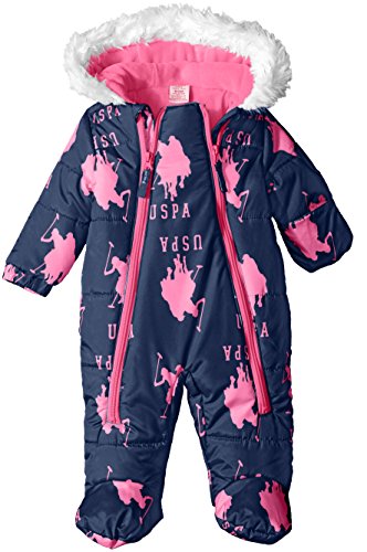 U.S. Polo Assn. Baby Girls' Pearlized Cire Logo Hooded Pram, Navy, 3-6 Months