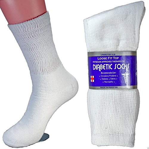 LM 12 Pairs Diabetic Crew Socks Unisex 9-11, 10-13, 13-15 Black Grey White (10-13, White)