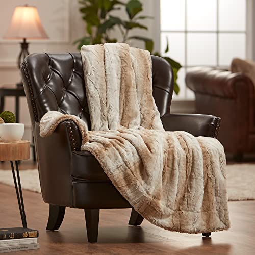 Chanasya Premium Faux Fur Ombre Throw Blanket - Super Soft, Lightweight Minky Blanket with Fuzzy Sherpa Side - 50' x 65” - Brown