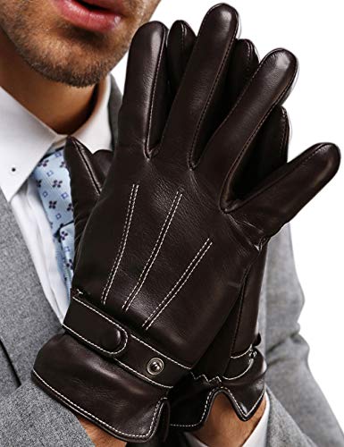 Leather Gloves for Mens, Full-Hand Touchscreen, Gift Packaging, Men's Texting Driving Winter Cold Weather Gloves Warm Lining (XL-9.4', Brown)