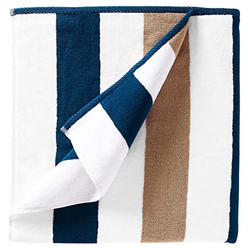 Laguna Beach Textile Co. Striped Cabana Beach Towel - Oversized, Plush 630 GSM Cotton - Ocean Blue and Almond Beige