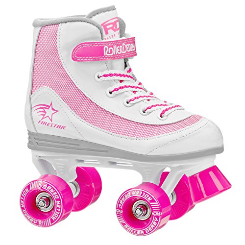 Roller Derby Firestar Youth Girl's Quad Roller Skates, White/Pink, Size 13