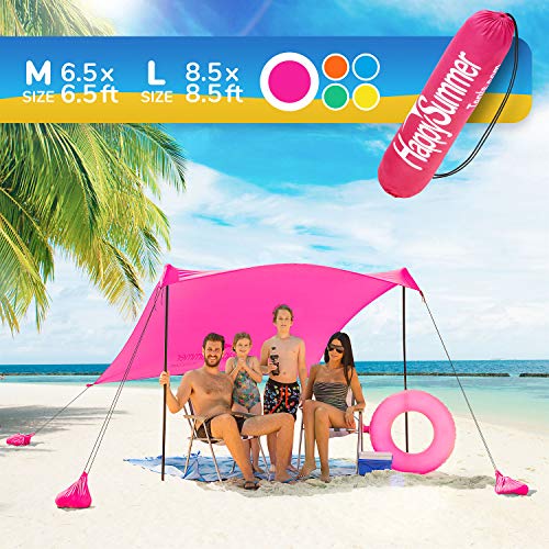 HappySummer Sunshade Beach Tent – Sun Shelter Pop-Up – Family Size, Portable, UPF50+ UV Protection Lycra Canopy with Anchors, Stakes, Poles, Carry Case – 6.5x6.5’ Standard Size Holds up to 4 People