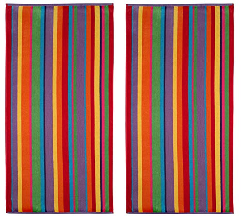 Cotton Craft - 2 Pack Terry Beach Towel 30x60 - Summer of Siam Multi Stripe - 400 grams per square meter- 100% Pure Ringspun Cotton - Brilliant Vibrant colors - Highly absorbent easy care machine wash