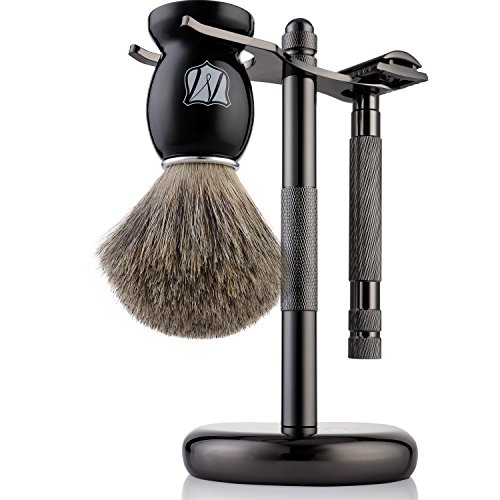 Miusco Men's Shaving Set, Safety Razor, Badger Hair Shaving Brush, Shaving Stand, Dark Chrome