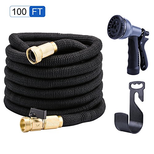 PhoebusTech 100ft Expandable Garden Hose Set, Extends to 100ft Handy & Kink-Free, 5000 Denier Woven Casing with a 8-Pattern Spray Gun, Hook, Brass Fittings, Free Storage Bag