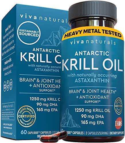 Antarctic Krill Oil Omega 3 Fatty Acid Supplements 1250 mg, High EPA DHA & Astaxanthin Concentration for Brain, Joint Health & Antioxidant Support, No Fish Burps, 60 Omega 3 Krill Oil Supplements