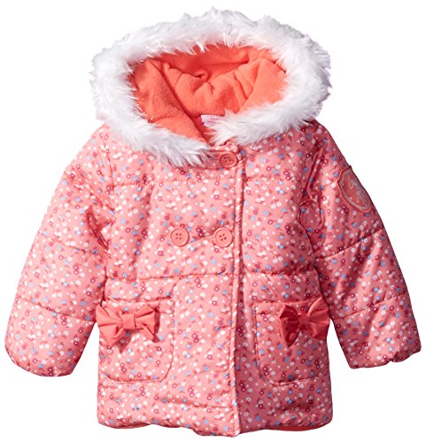U.S. Polo Assn. Baby Girls' Floral Print Double Breasted Puffer Jacket, Peach Blossom, 18 Months