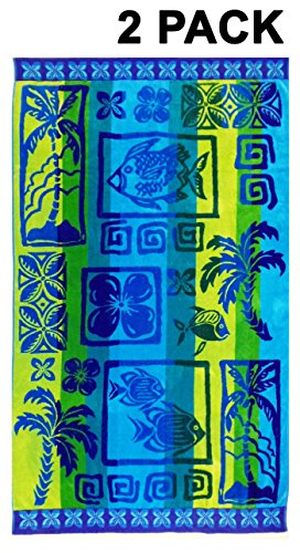 COTTON CRAFT - 2 Pack - Oversized Jacquard Double Woven Velour Beach Towel 39x68 - Island Blue Yellow - Highly Absorbent - 450 Grams per Square Meter 100% Pure Ringspun Cotton