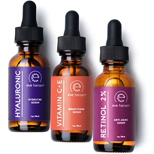 Eve Hansen Anti-Aging Serum Set | Vitamin C Serum, Hyaluronic Acid Serum, Retinol Serum | Brightening Serum, Anti Wrinkle Serum, Dark Spot Corrector for Face, Acne Scars, Pore Minimizer | 3x1 oz