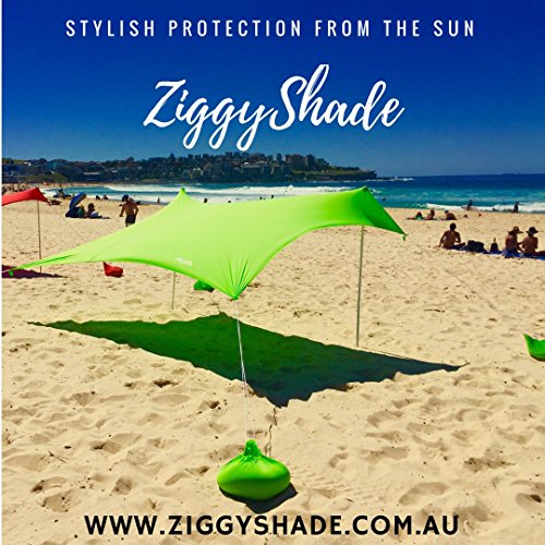ZiggyShade UPF50 Lycra Fabric Family Beach Sunshade Tent with Sandbag Anchors and 4 Pegs, Jasmine Green