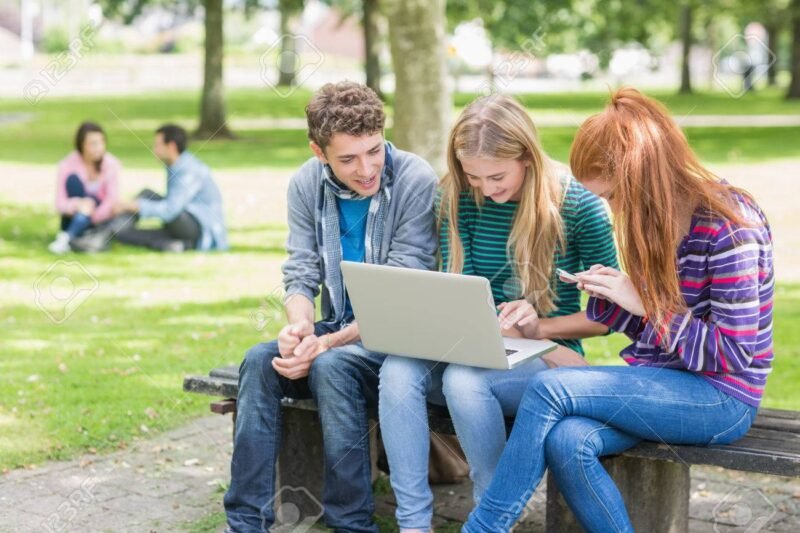 young college students using laptop in the park